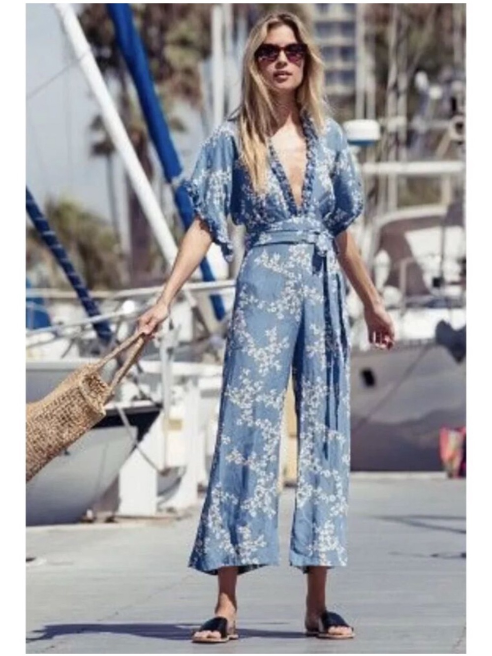 FAITHFULL THE BRAND Anthropologie LaVilla‎ Jumpsuit Romper Floral Blue Drapey S